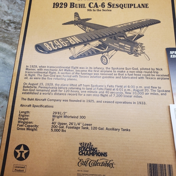 2001 TEXACO 1929 BUHL CA6 SESQUIPLANE SPOKANE SUN GOD COLLECTOR PLANE TOY BANK - Picture 12 of 16